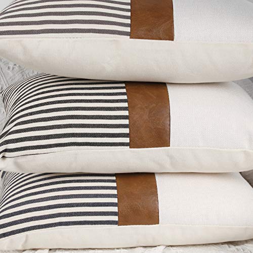 CYGNUS Set of 2 Farmhouse Decor Striped Patchwork Linen Throw Pillow Covers,Modern Brown Faux Leather Accent Pillow Covers 18x18 inch,Black - Image 4