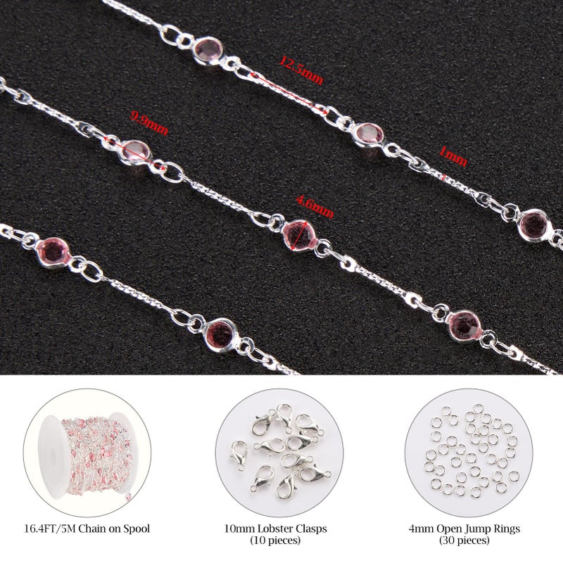 KYUNHOO 16.4 Feet Pink Rhinestone Bead Jewelry Chain Roll Stick Links Silver Chains for Jewelry Making with Connectors DIY Handcrafts - Image 2