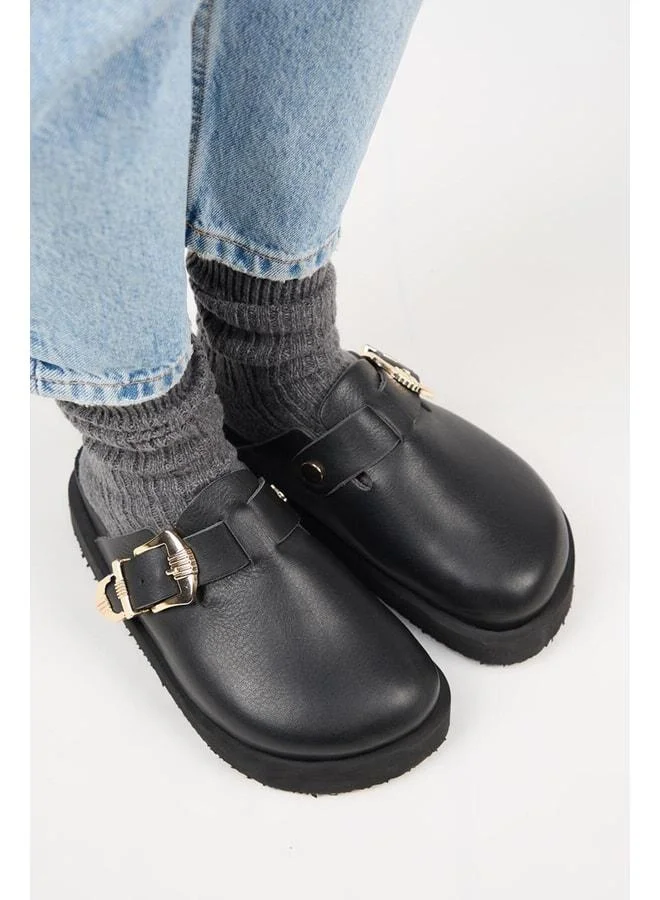 Manijero  (Sofia) Women's Genuine Leather Sabo Platform Black Slipper. for Women | Best Price UAE