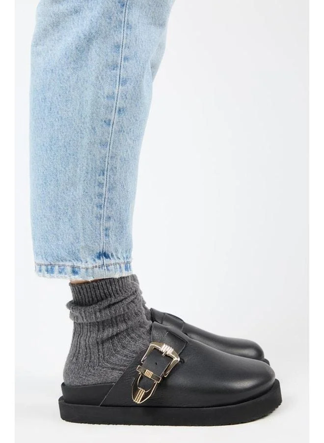 (Sofia) Women's Genuine Leather Sabo Platform Black Slipper.