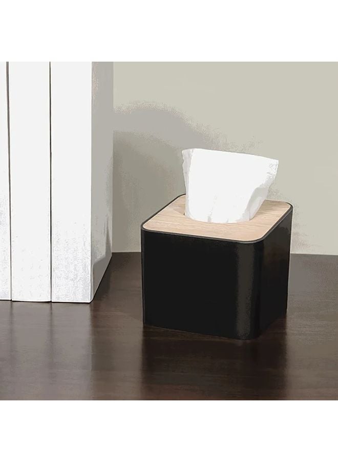 Black Modern Square Plastic Tissue Box Holder With Wooden Lid - Image 4