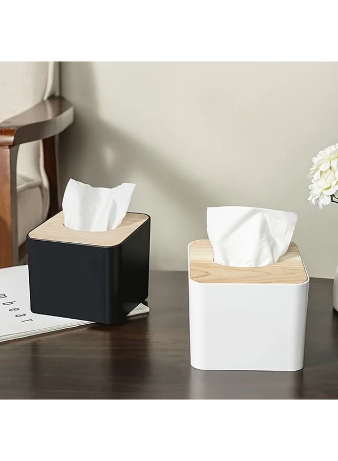 Black Modern Square Plastic Tissue Box Holder With Wooden Lid - Image 2