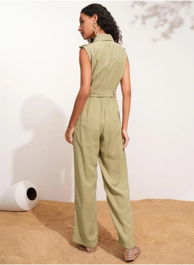 Tokyo Talkies Solid Sleeveless Collared Jumpsuit with Belt Detail