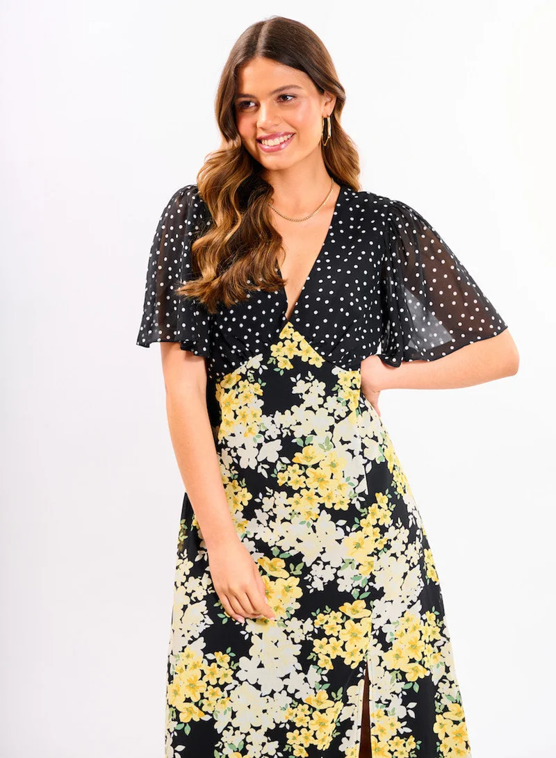نيدز نو ليبل Yellow Floral Flutter Sleeve Midi Dress