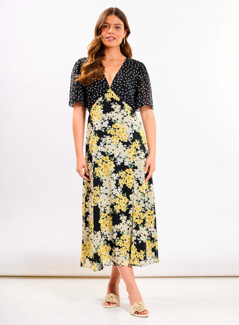 Yellow Floral Flutter Sleeve Midi Dress