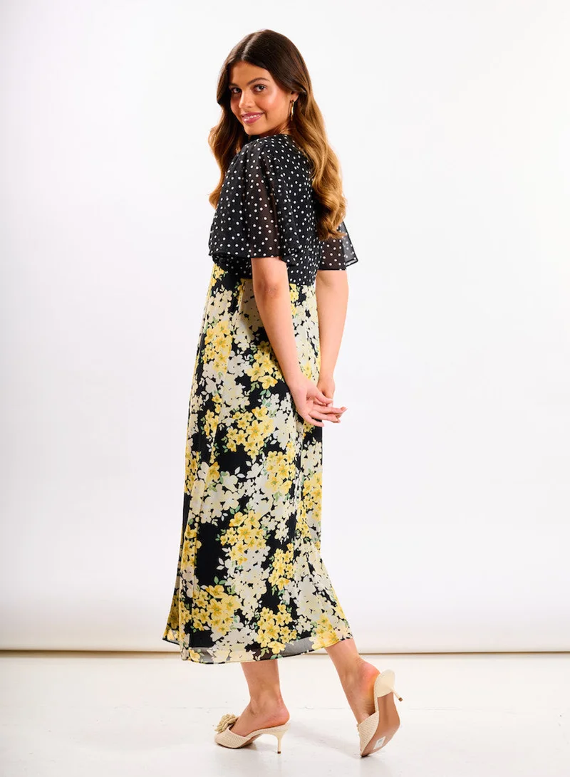 Needs No Label  Yellow Floral Flutter Sleeve Midi Dress for Women | Best Price UAE