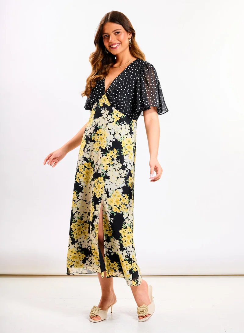 Needs No Label  Yellow Floral Flutter Sleeve Midi Dress for Women | Best Price UAE
