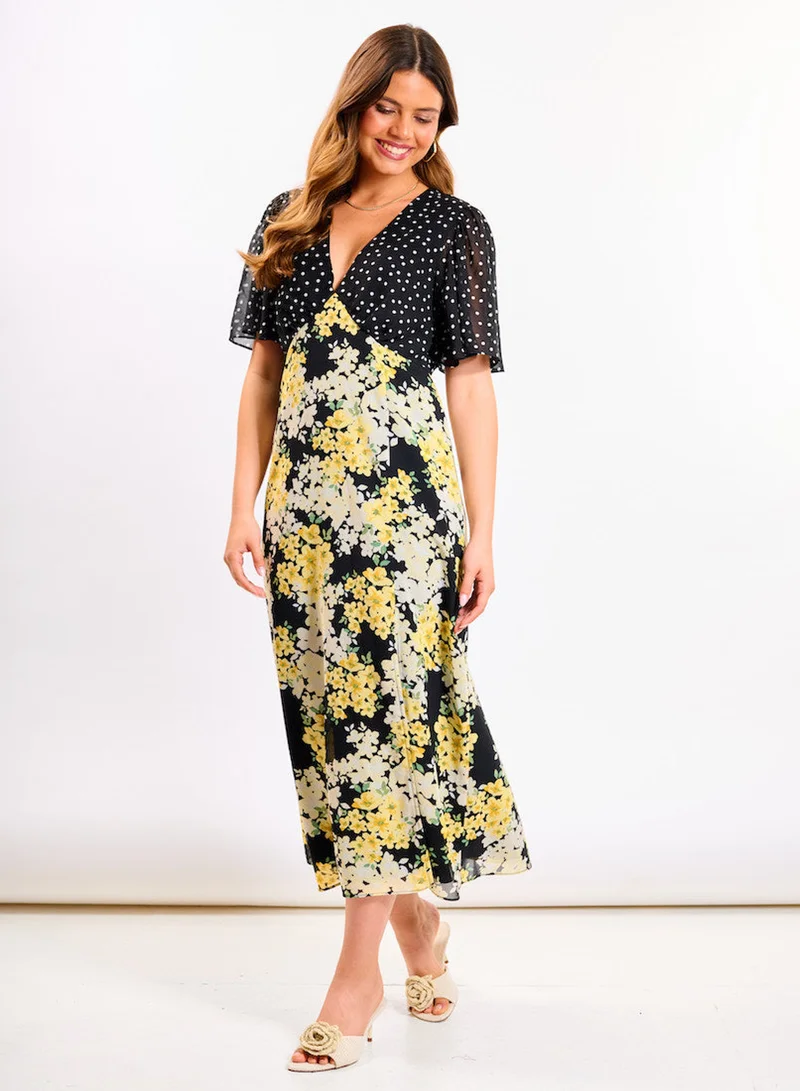 Needs No Label  Yellow Floral Flutter Sleeve Midi Dress for Women | Best Price UAE