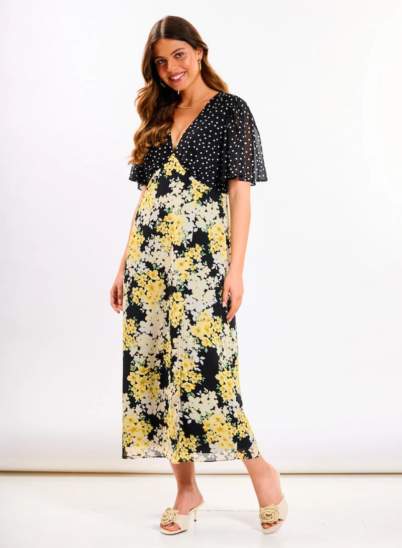Needs No Label  Yellow Floral Flutter Sleeve Midi Dress for Women | Best Price UAE
