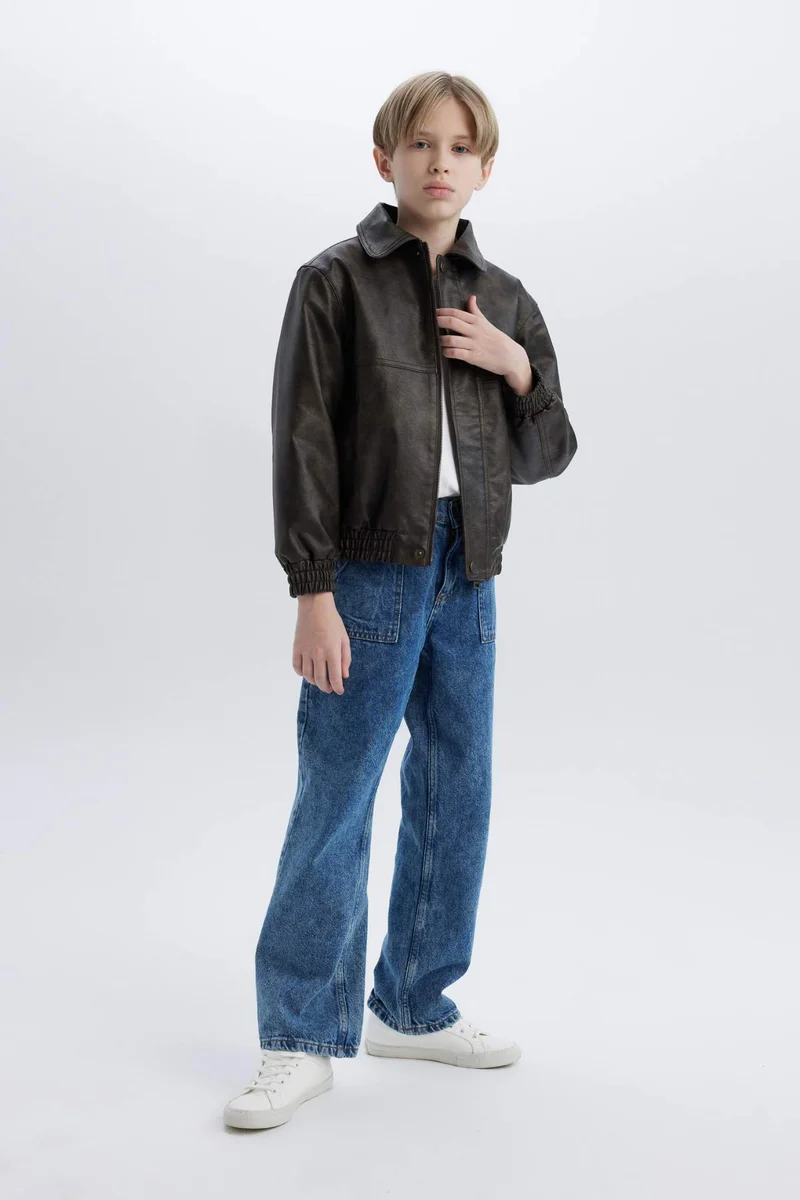 Defacto Boy Polo Collar Water Repellent Faux Leather Jacket