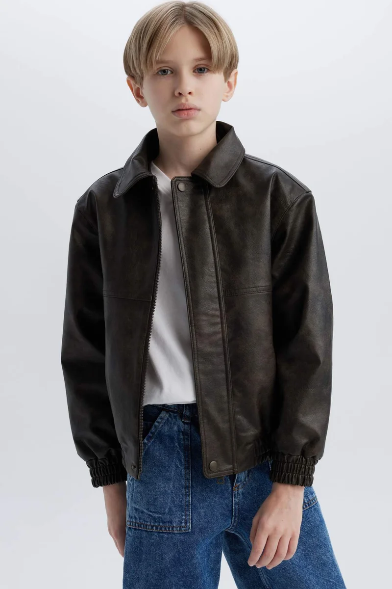 Defacto Boy Polo Collar Water Repellent Faux Leather Jacket