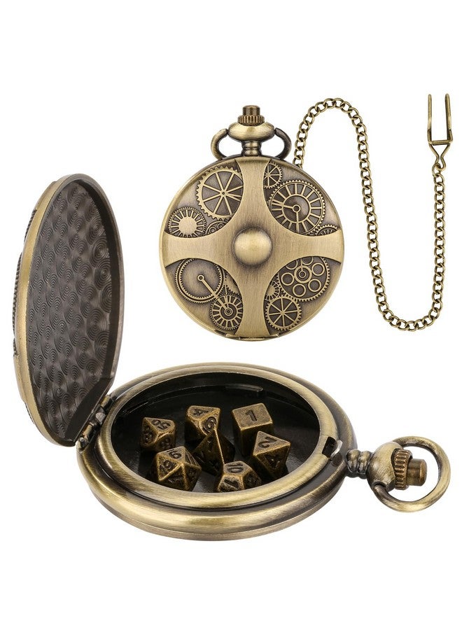 Keller & Weber Mini Dnd Dice Set With Bronze Steampunk Gear Pocket Watch Shell Case, 7Pcs Polyhedral Metal Dnd Dice Set, D&D Gifts With Gift Box, Role Playing Board Games Dnd Accessories - Image 1