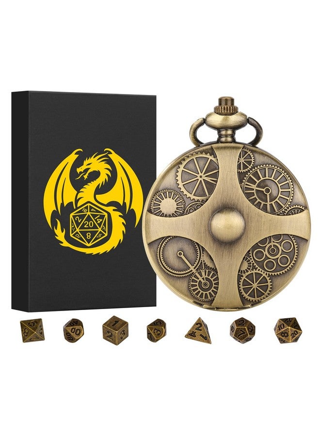 Keller & Weber Mini Dnd Dice Set With Bronze Steampunk Gear Pocket Watch Shell Case, 7Pcs Polyhedral Metal Dnd Dice Set, D&D Gifts With Gift Box, Role Playing Board Games Dnd Accessories - Image 2