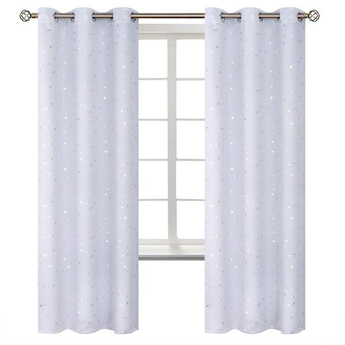 KIDS ROOM CURTAINS FOR BEDROOM GROMMET THERMAL INSULATED SILVER STAR PRINT ROOM DARKENING CURTAINS FOR LIVING ROOM SET OF 2 PANELS 42 X 72 INCH GREYISH WHITE
