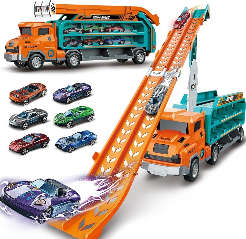 TOYS LAND Foldable Car Carrier Truck Toy For Kids, 86-cm Race Track Transport Cars with 6 Assorted Metal Toy Cars, 2-Layer Car Racing Truck set, Birthday Gift for Boys Girls Ages 3-8 Years (Orange)