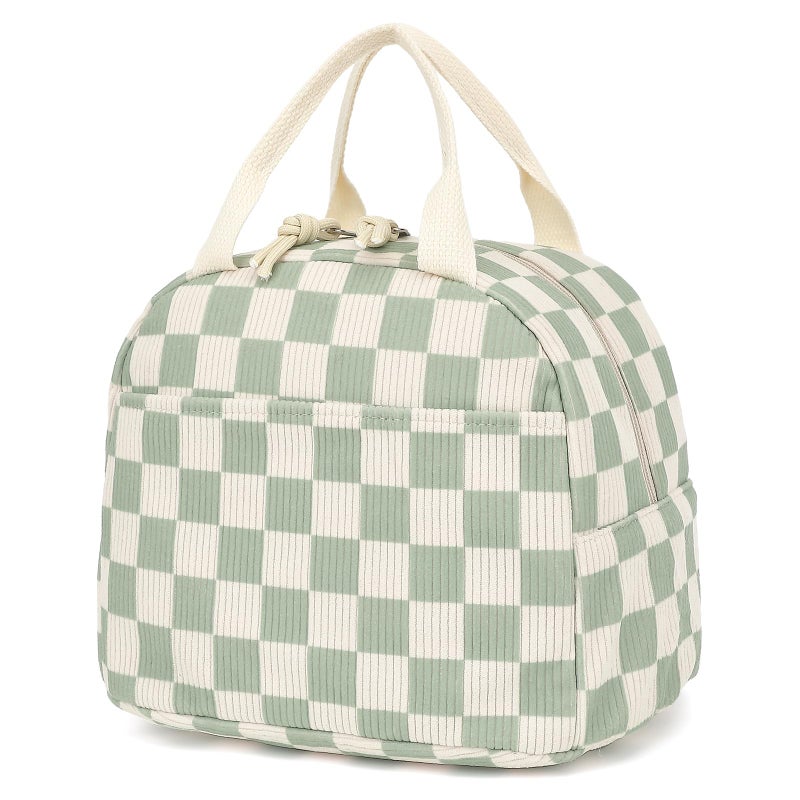 Dezcrab Corduroy Lunch Box for Women Girls Cooler Lunch Bags Reusable Insulated Lunchbox for Picnic School Work Travel Checkered Green - Image 2