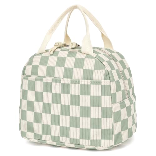 Dezcrab Corduroy Lunch Box for Women Girls Cooler Lunch Bags Reusable Insulated Lunchbox for Picnic School Work Travel Checkered Green - Image 1