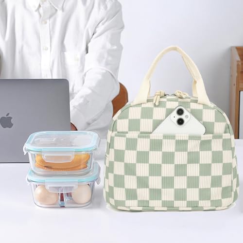 Dezcrab Corduroy Lunch Box for Women Girls Cooler Lunch Bags Reusable Insulated Lunchbox for Picnic School Work Travel Checkered Green - Image 3