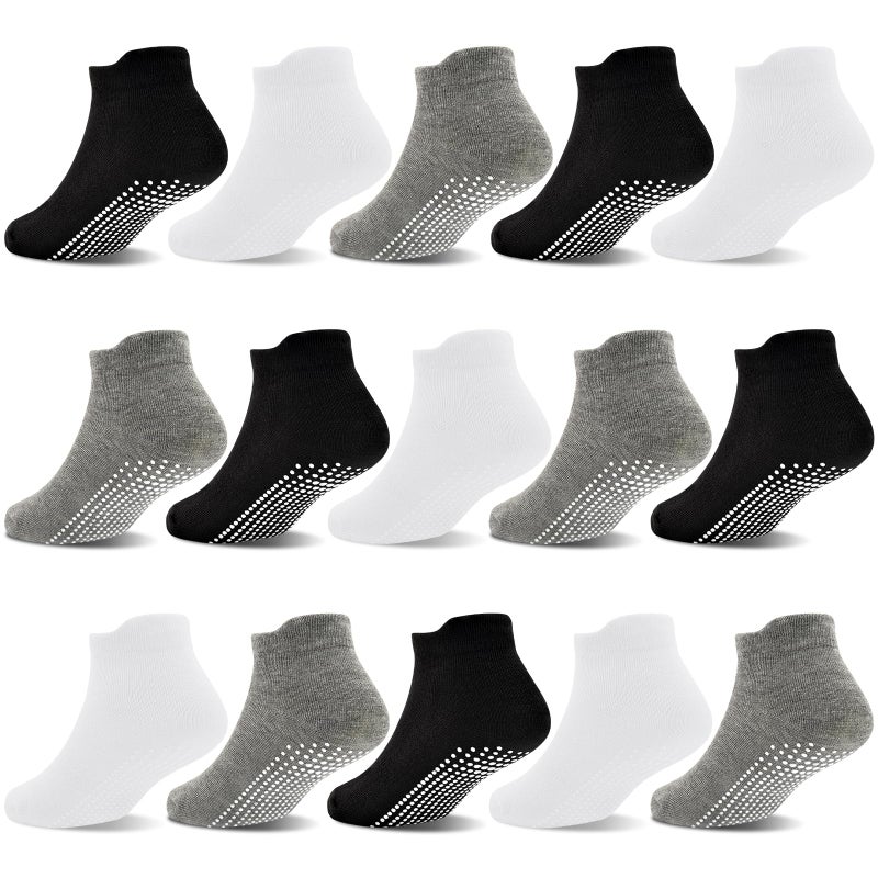 GRPSKCOS Non Slip Toddler Socks 15 Pairs Toddler Grip Anti Skid Low Cut Socks for Boys Girlsï¼ˆ#1 Black + White + Light grey, 5-7 Yearsï¼‰ - Image 1