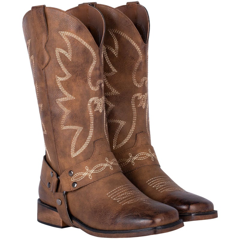 SheSole Women's Buckle Strap Wide Calf Cowboy Boots Square Toe Western Cowgirl Boots Brown US 8 - Image 5