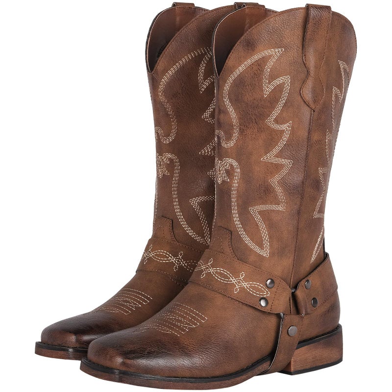 SheSole Women's Buckle Strap Wide Calf Cowboy Boots Square Toe Western Cowgirl Boots Brown US 8 - Image 1