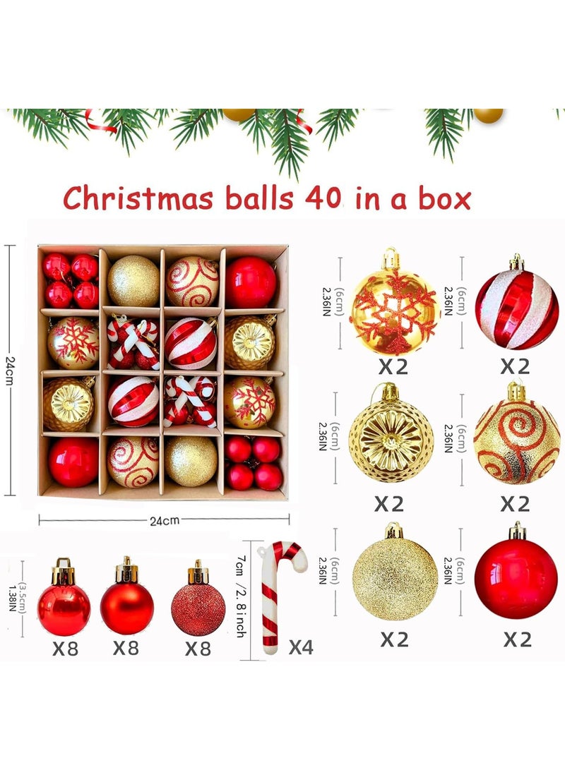 AIWANTO 40Pcs Red, White & Gold Christmas Ornaments Set – Shatterproof Balls & Baubles for Christmas Tree, Glitter & Matte Finish, Holiday Party Home Decorations - Image 2