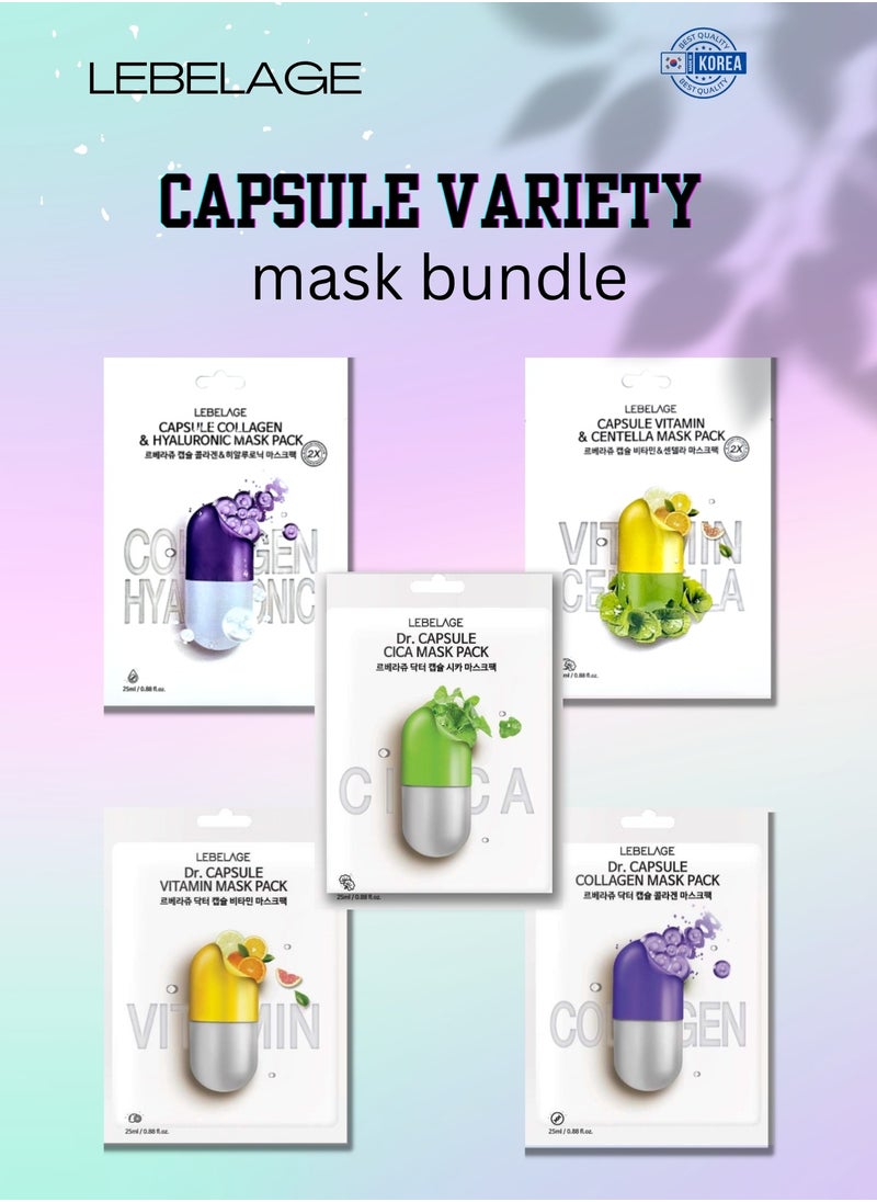 Lebelage CAPSULE VARIETY MASK PACK (PACK OF 5 DIFFERENT MASKS) | KOREAN MADE SKIN CARE  - Image 1