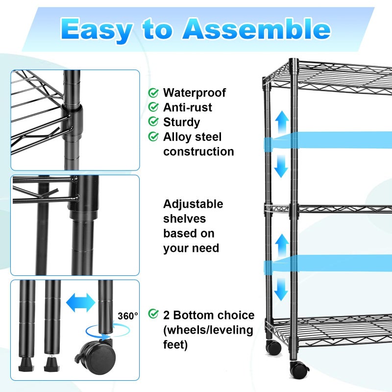 Whitmor 3 Tier Storage Shelves, Heavy Duty with Wheels, Adjustable Wardrobe Rack, 400 lbs Capacity per Shelf, Max 1200 lbs Total for Kitchen, Bathroom, Garage, 24" L x 14" W x 30.5" H, Black - Image 3