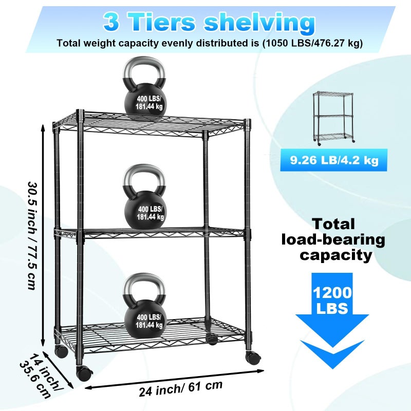 Whitmor 3 Tier Storage Shelves, Heavy Duty with Wheels, Adjustable Wardrobe Rack, 400 lbs Capacity per Shelf, Max 1200 lbs Total for Kitchen, Bathroom, Garage, 24" L x 14" W x 30.5" H, Black - Image 2