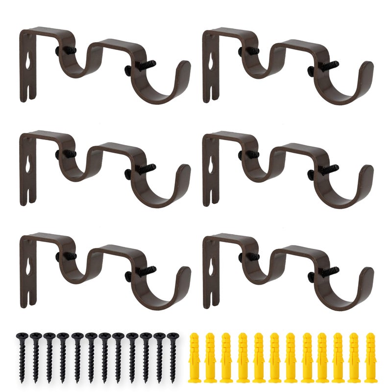 AddGrace 6 PCS Double Curtain Rod Bracket Heavy Duty Curtain Rod Holders for 1 and 58 Drapery Pole Adjustable Wall Mounted Drapery Pole Brackets for Living Room Bedroom Brown