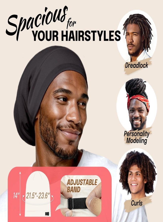 Fittia Large Satin Bonnet for Men Sleeping: Loc Cap Dreadlocks for Curly Braids Wave, Silky for Frizzy Hair Smooth, Adjustable No Slip Black - Image 2