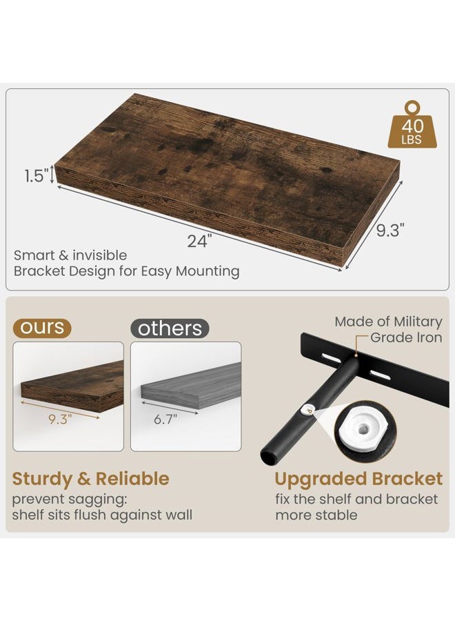 Fun Memories 9.3 Inch Deep Floating Shelves, Wall-Mounted Floating Shelf 24" W x 9.3" D, Deep Book Floating Shelves for Wall, 24 Inch Long Wall Shelves for Bathroom, Kitchen, Rustic Brown, 2 Pack - Image 3