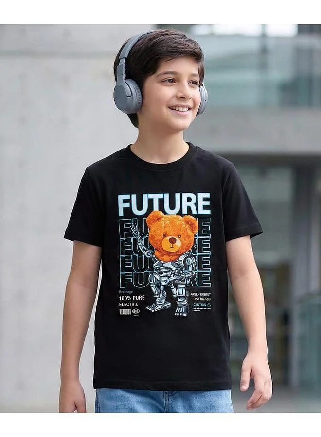 Pine Kids Pine Kids Cotton Knit Half Sleeves T-Shirt with Teddy Robot Print - Black