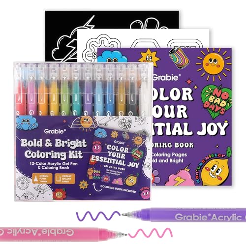 Grabie Coloring Kit, Acrylic Gel Pens Set with Coloring Book, 1.0mm Medium Tip Opaque Gel Pens for Adult Coloring Books, Drawing, Journaling, Planner, Art Supplies Gift Set of 12 Essential Colors - Image 1