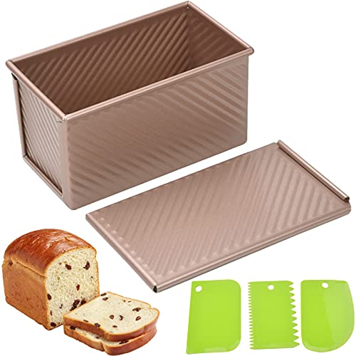 Spmarkt Pullman Loaf Pan with Lid, 1Pound Dough Capacity Rectangular Bread Pan, Non-Stick Long Bread Pans for Homemade Bread, 9x4inch Pullman Loaf Pan with Dough Scraper Cutter for Sandwich Bread - Image 1
