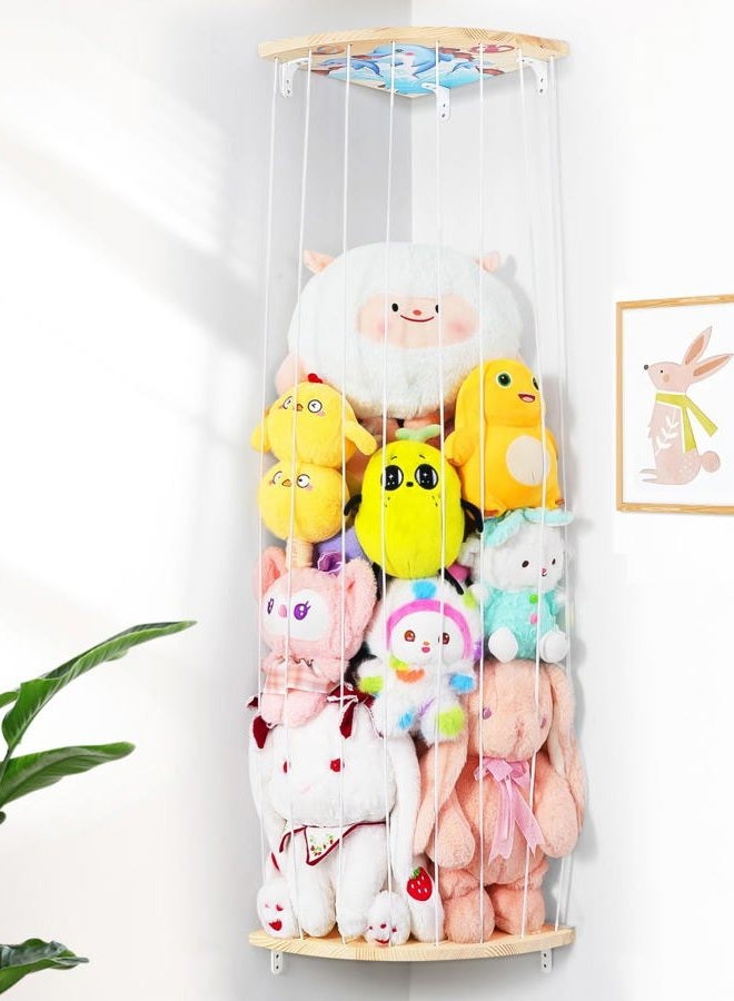 Befayoo Corner Stuffed Animal Storage Net - Heigh Adjustable Wood Stuffed Animal Organizer - Large Wall Plush Holder Teddy Bear Storage for Bedroom Kids Room Nursery Decor (Natural Pine with Dolphin Pattern) - Image 1