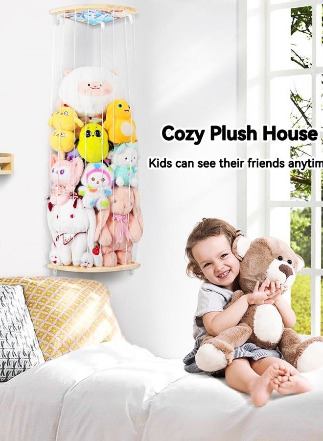 Befayoo Corner Stuffed Animal Storage Net - Heigh Adjustable Wood Stuffed Animal Organizer - Large Wall Plush Holder Teddy Bear Storage for Bedroom Kids Room Nursery Decor (Natural Pine with Dolphin Pattern) - Image 4