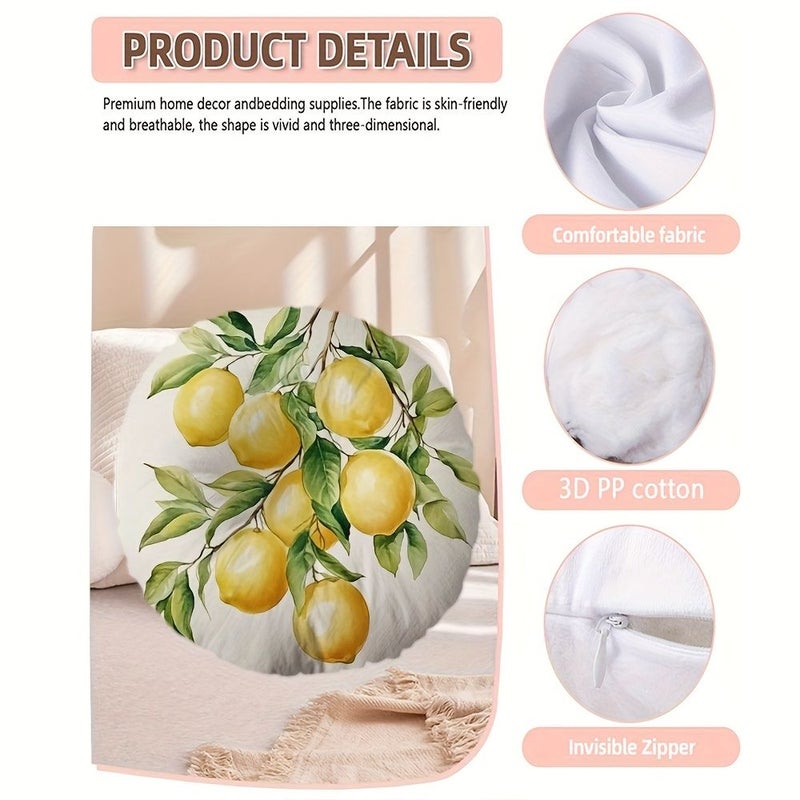 1pc Soft Microfiber Round Throw Pillow 16x16 Inch Watercolor Lemon And Green Leaf Design Yellow Green Citrus Decor Zipper Closure Machine Washable Cushion For Home Office Travel Classic Decorative Accent - Image 2