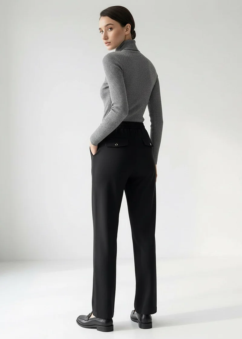 EXQUISE Lace-up Regular Knit Black Trousers