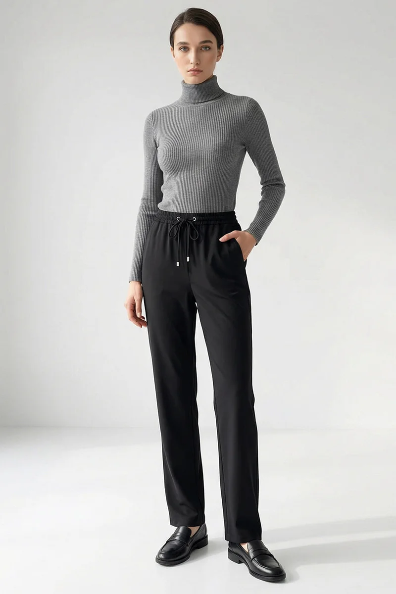 EXQUISE Lace-up Regular Knit Black Trousers