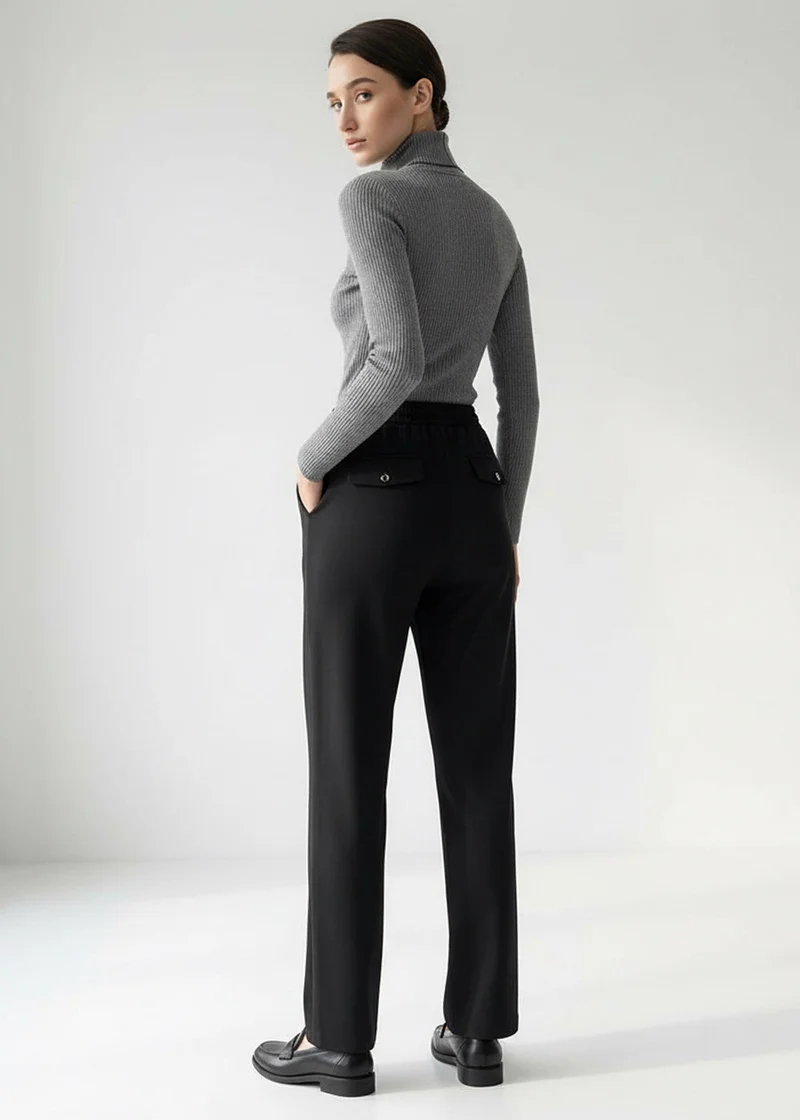 Exquise Lace-up Regular Knit Black Trousers