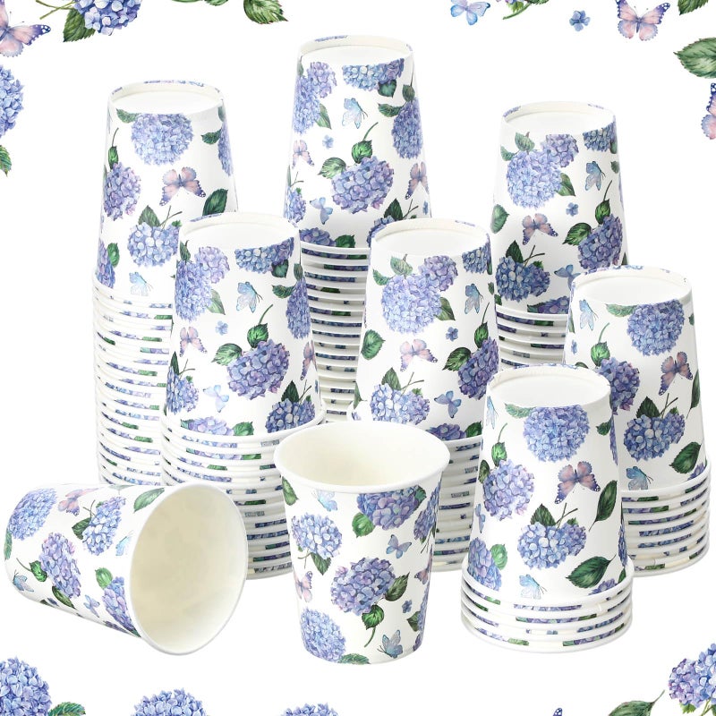 Maxcheck Maxcheck 100 Pcs Floral Party Supplies Bulk Spring Flower Paper Cup Disposable 9 oz Flowers Drinking Coffee Cup for Tea Party Hot Cold Drinks Wedding Birthday Bridal Baby Shower(Hydrangea)  - Image 1