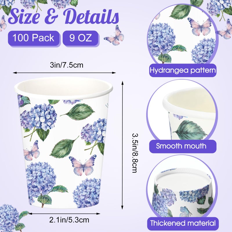 Maxcheck Maxcheck 100 Pcs Floral Party Supplies Bulk Spring Flower Paper Cup Disposable 9 oz Flowers Drinking Coffee Cup for Tea Party Hot Cold Drinks Wedding Birthday Bridal Baby Shower(Hydrangea)  - Image 2
