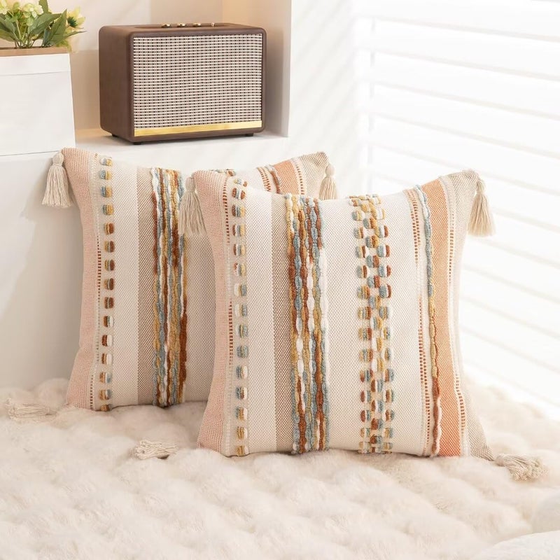 WANLIRD Boho Throw Pillow Covers 18x18 Set of 2 Woven Tufted Farmhouse Pillows Cover with Tassels Textured Striped Cushion Case Neutral Pillow Cases Decorative Pillowcase for Sofa Couch Bed,Orange - Image 4