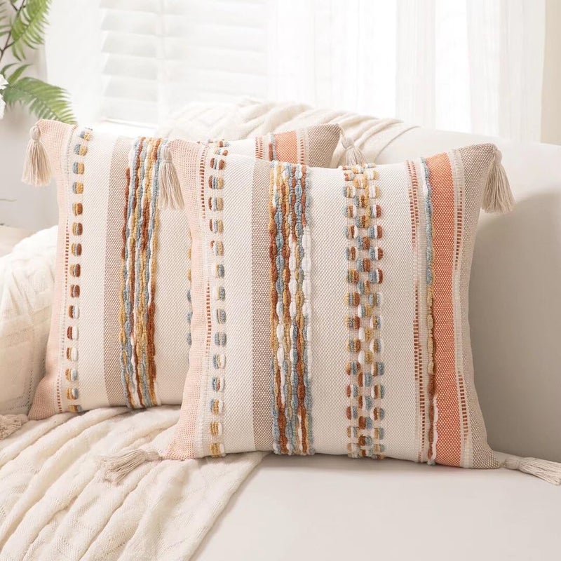 WANLIRD Boho Throw Pillow Covers 18x18 Set of 2 Woven Tufted Farmhouse Pillows Cover with Tassels Textured Striped Cushion Case Neutral Pillow Cases Decorative Pillowcase for Sofa Couch Bed,Orange - Image 1