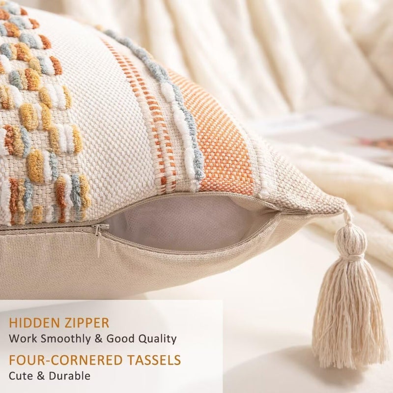 WANLIRD Boho Throw Pillow Covers 18x18 Set of 2 Woven Tufted Farmhouse Pillows Cover with Tassels Textured Striped Cushion Case Neutral Pillow Cases Decorative Pillowcase for Sofa Couch Bed,Orange - Image 3