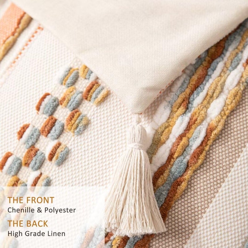WANLIRD Boho Throw Pillow Covers 18x18 Set of 2 Woven Tufted Farmhouse Pillows Cover with Tassels Textured Striped Cushion Case Neutral Pillow Cases Decorative Pillowcase for Sofa Couch Bed,Orange - Image 2