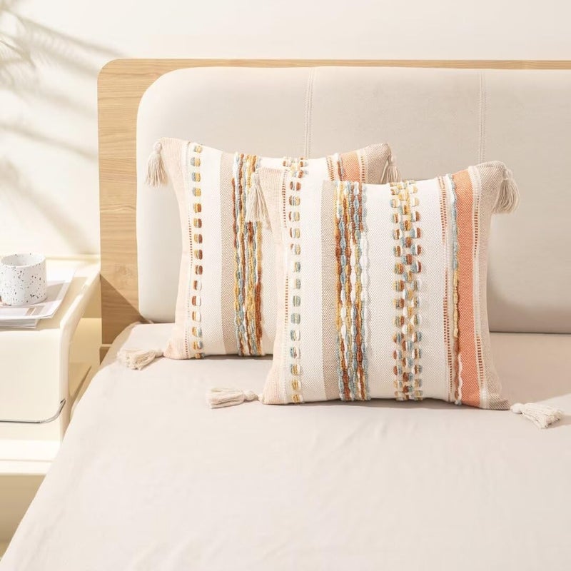 WANLIRD Boho Throw Pillow Covers 18x18 Set of 2 Woven Tufted Farmhouse Pillows Cover with Tassels Textured Striped Cushion Case Neutral Pillow Cases Decorative Pillowcase for Sofa Couch Bed,Orange - Image 5