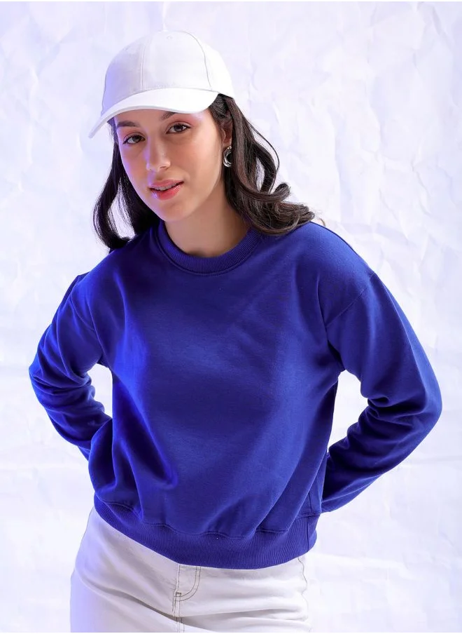 مرفوعة Women Regular Blue Solid Round Neck Long Sleeve Sweatshirt