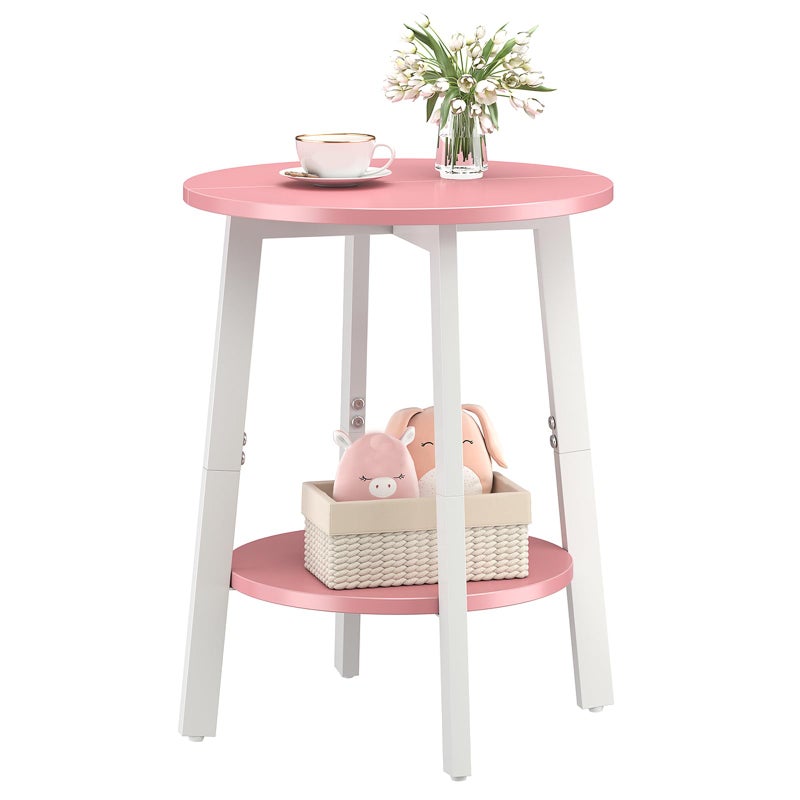 sthmec Side Table, Small Round End Table with Storage Shelf for Small Space, 2-Tier Bedside Table Sofa Couch Table, Round Accent Table Nighstands for Living Room, Bedroom, Pink - Image 1
